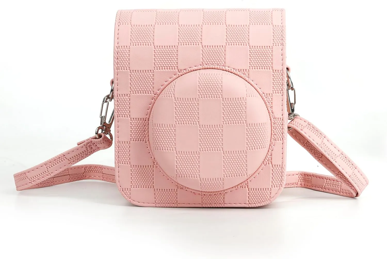 Camera Case Compatible with Fujifilm Instax Mini 12 Instant Camera, Checkerboard Style Camera Carry Bag for Polaroid Instax Mini 12 with Strap - Blush Pink