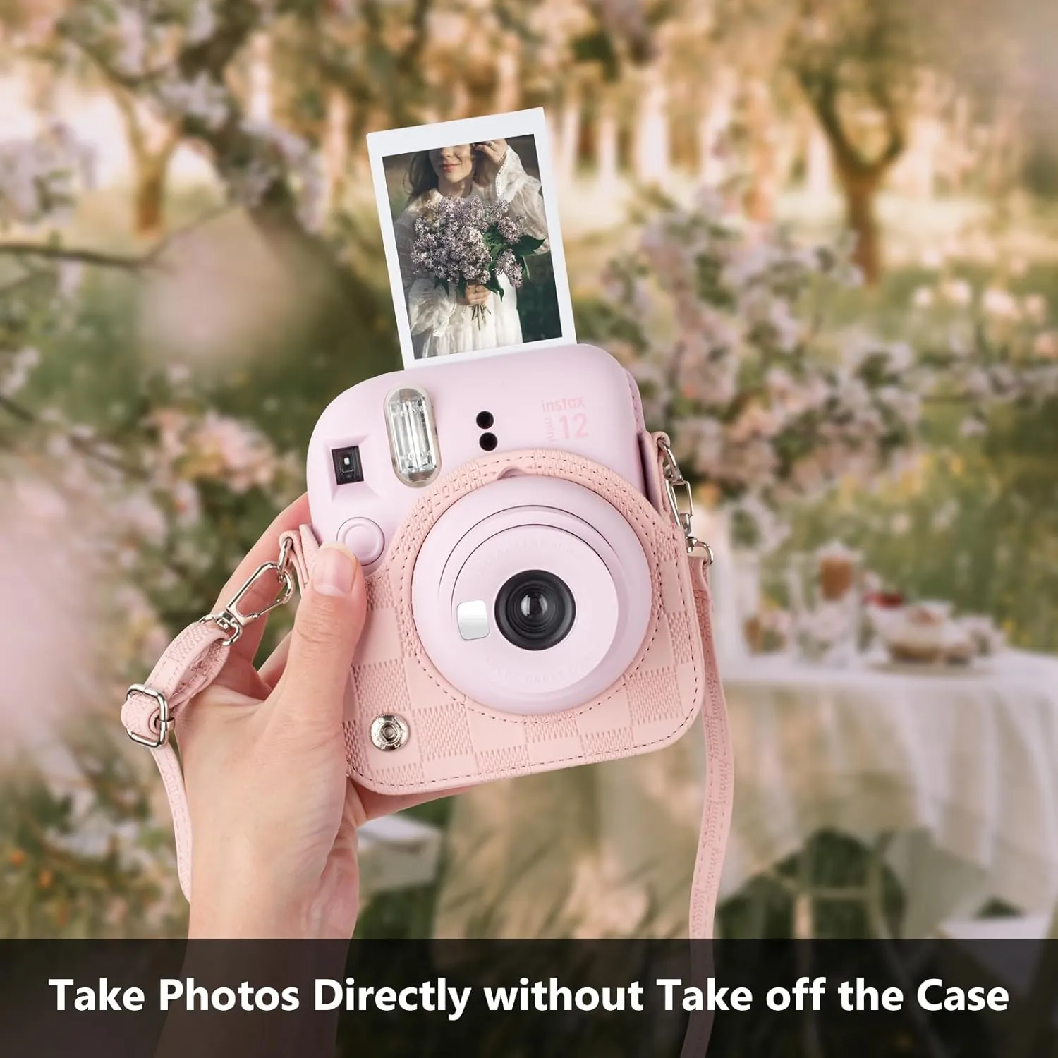 Camera Case Compatible with Fujifilm Instax Mini 12 Instant Camera, Checkerboard Style Camera Carry Bag for Polaroid Instax Mini 12 with Strap - Blush Pink