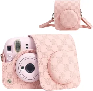 Camera Case Compatible with Fujifilm Instax Mini 12 Instant Camera, Checkerboard Style Camera Carry Bag for Polaroid Instax Mini 12 with Strap - Blush Pink