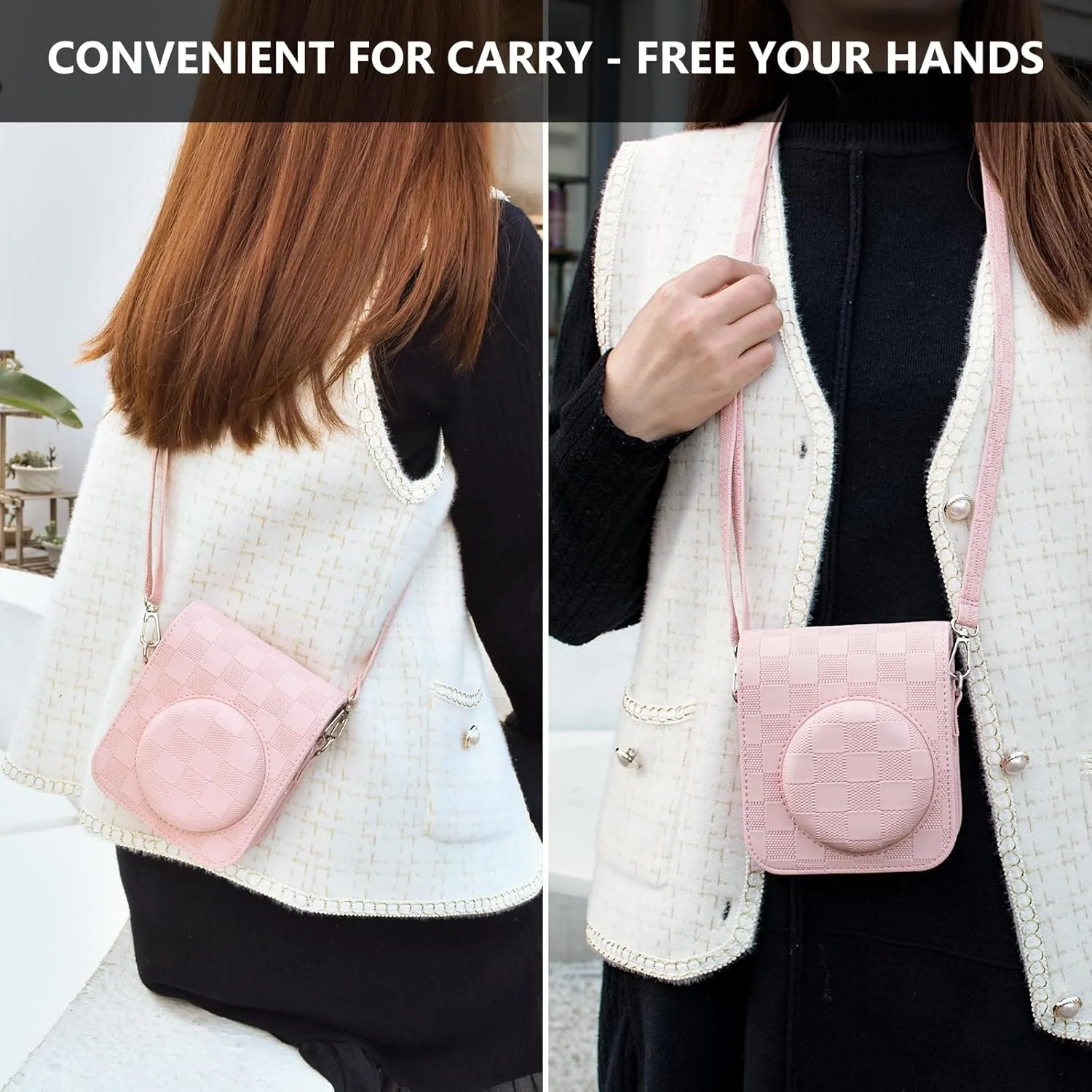 Camera Case Compatible with Fujifilm Instax Mini 12 Instant Camera, Checkerboard Style Camera Carry Bag for Polaroid Instax Mini 12 with Strap - Blush Pink