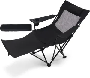 Camping Chair Portable Folding Mesh Recliner with Removable Footrest Headrest 265lbs Weight Capacity with Carry Bag-Black