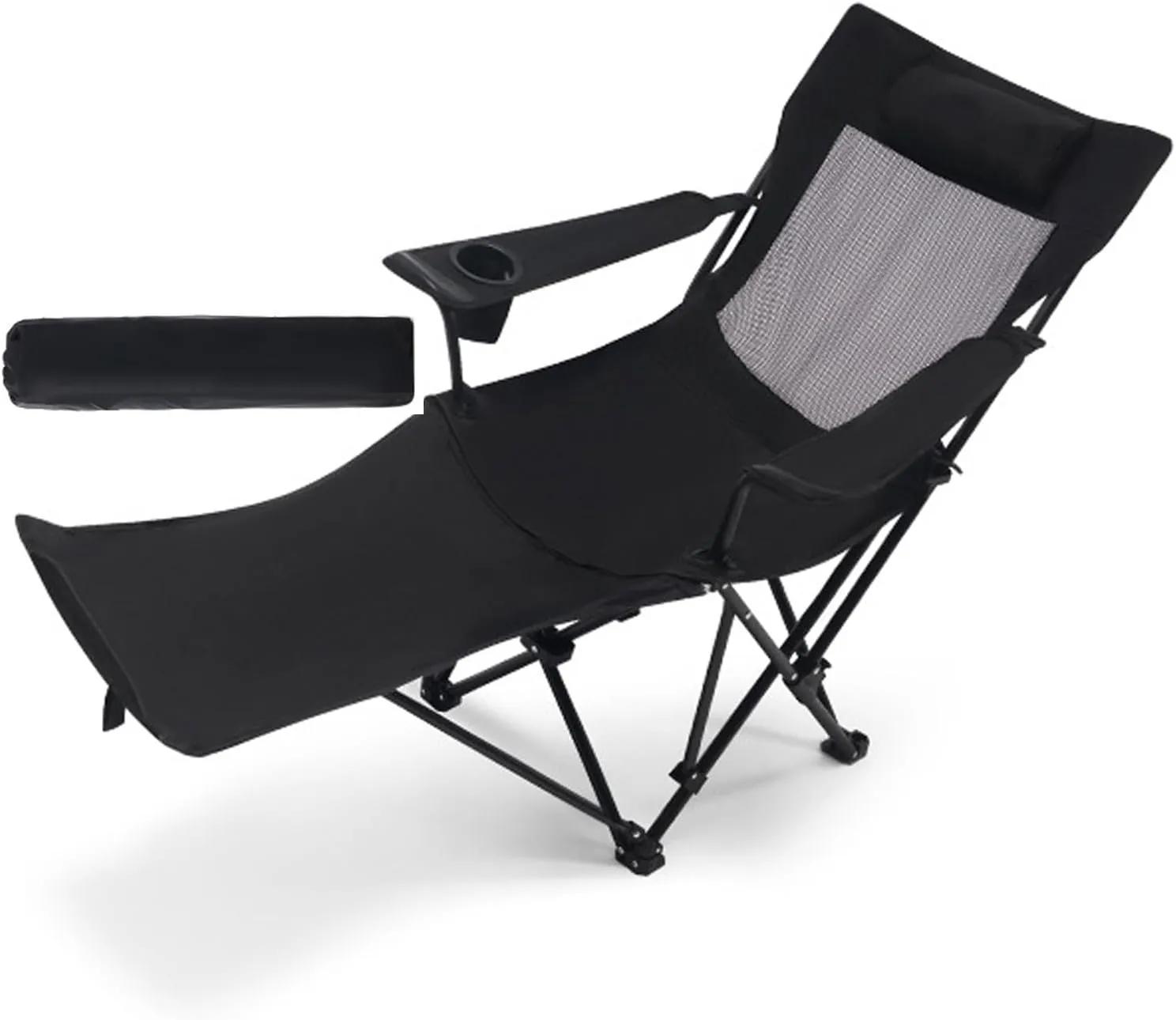 Camping Chair Portable Folding Mesh Recliner with Removable Footrest Headrest 265lbs Weight Capacity with Carry Bag-Black