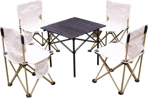 Camping Folding Table and Chairs Set, Aluminum Table with Aluminium Roll-up Table Top, Portable Foldable Chairs with Easy Carrying Bag for Indoor, Outdoor