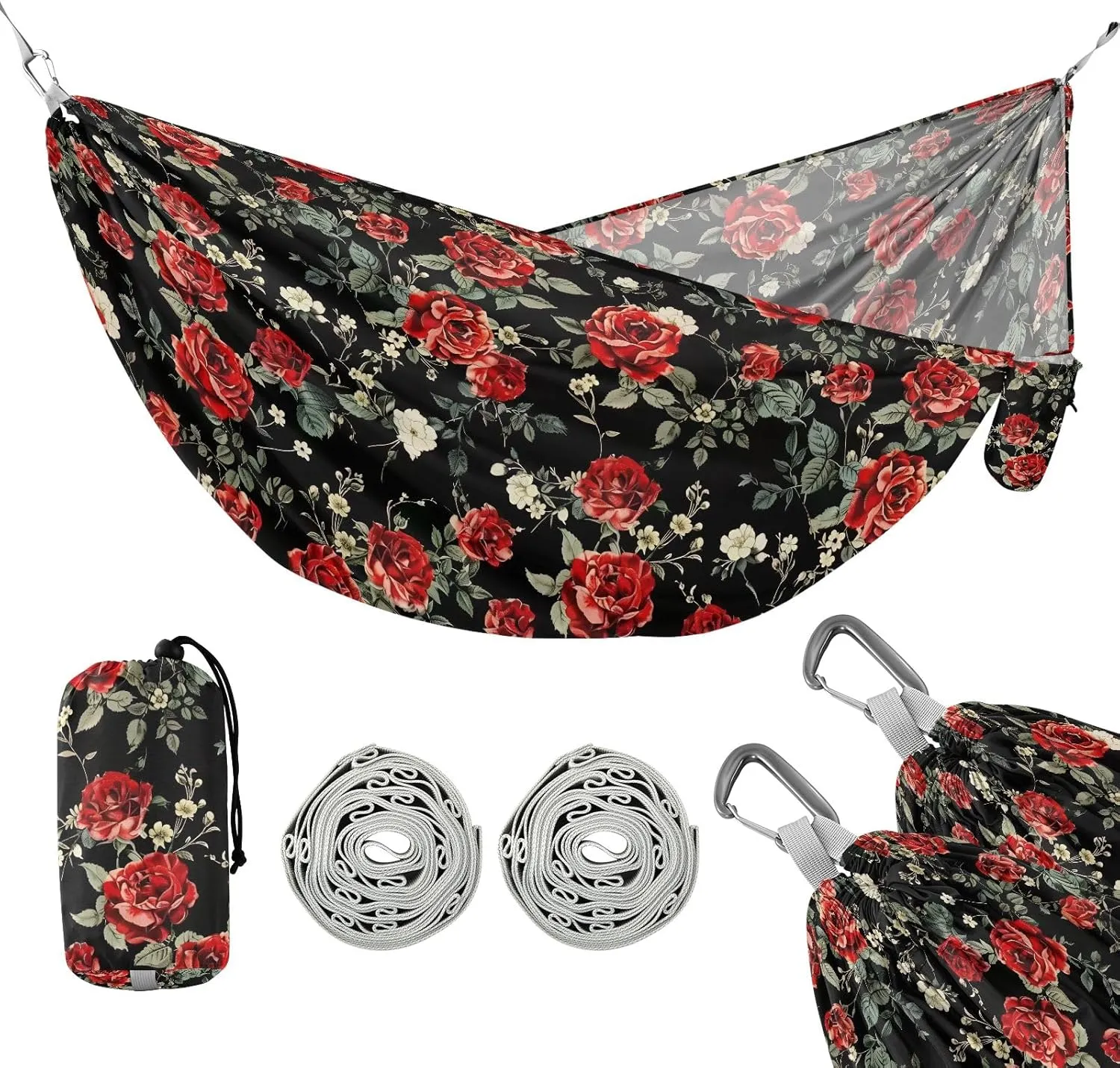 Camping Hammock Outdoor Hammocks for Outside Red Roses Black Beach Trees Portable Lightweight with Pockets Tree Straps Indoor