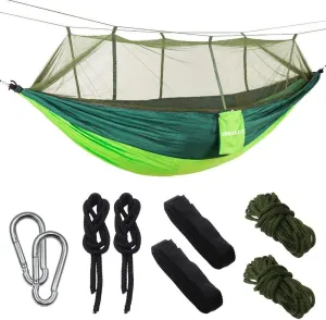Camping Hammock with Net, Lightweight Portable Double Parachute Hammocks, 210T Nylon, High Capacity and Tear Resistance, Perfect for Camping, Backyard Relaxation (Green)
