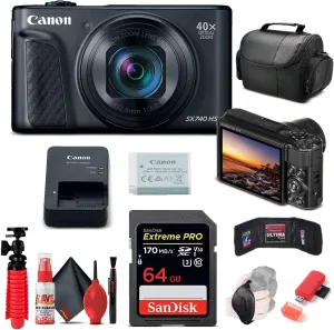 Canon PowerShot SX740 HS Digital Camera (Black) (2955C001)   64GB Memory Card   Card Reader   Deluxe Soft Bag   Flex Tripod   Hand Strap   Memory Wallet   Cleaning Kit (Renewed)