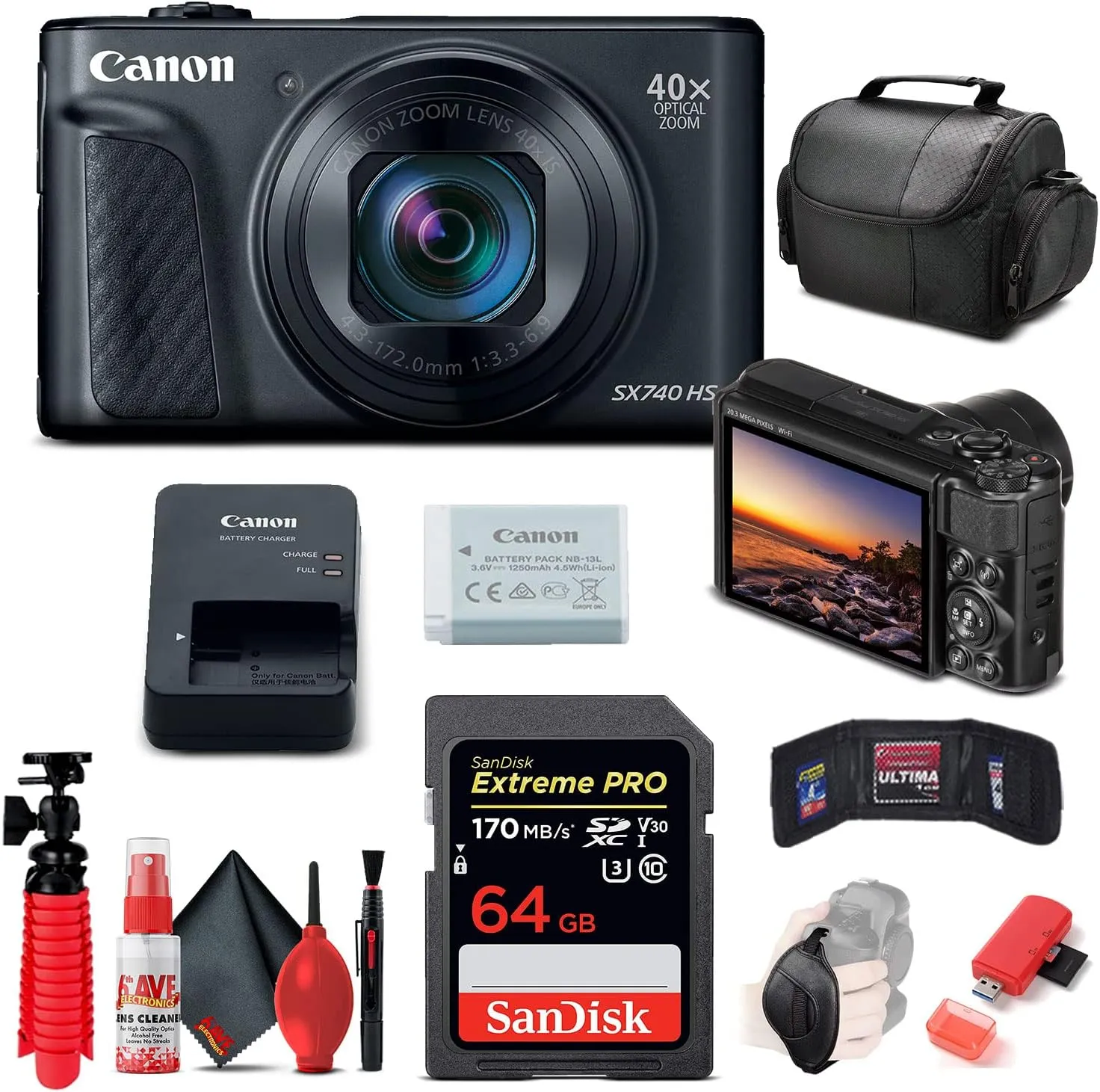 Canon PowerShot SX740 HS Digital Camera (Black) (2955C001)   64GB Memory Card   Card Reader   Deluxe Soft Bag   Flex Tripod   Hand Strap   Memory Wallet   Cleaning Kit (Renewed)