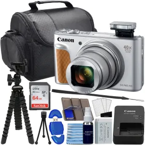 Canon PowerShot SX740 HS Digital Camera (Silver) Bundle with SanDisk 64GB Memory Card, 12"" Flex Tripod, High Speed Card Reader   Photo Kit (20 Items), Black (Renewed)