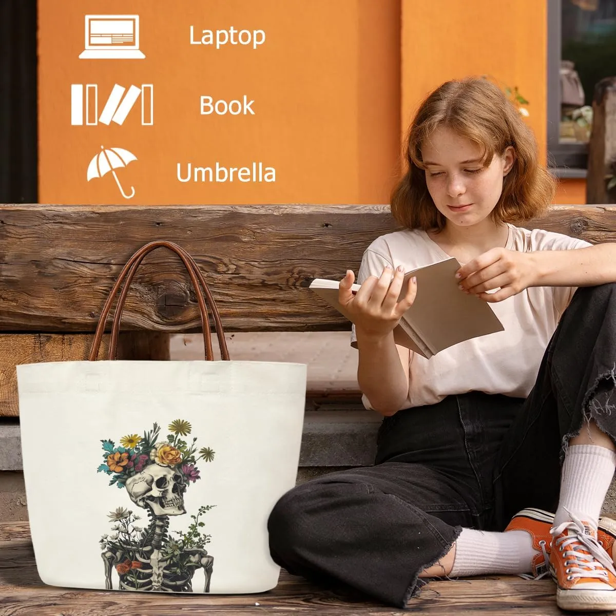 Canvas Tote Bag For Women, Skull Travel Tote Bags For Work, Beach, Gym, Shopping, Handbag Birthday Gifts for Women, Mom, Teacher, Friends -07
