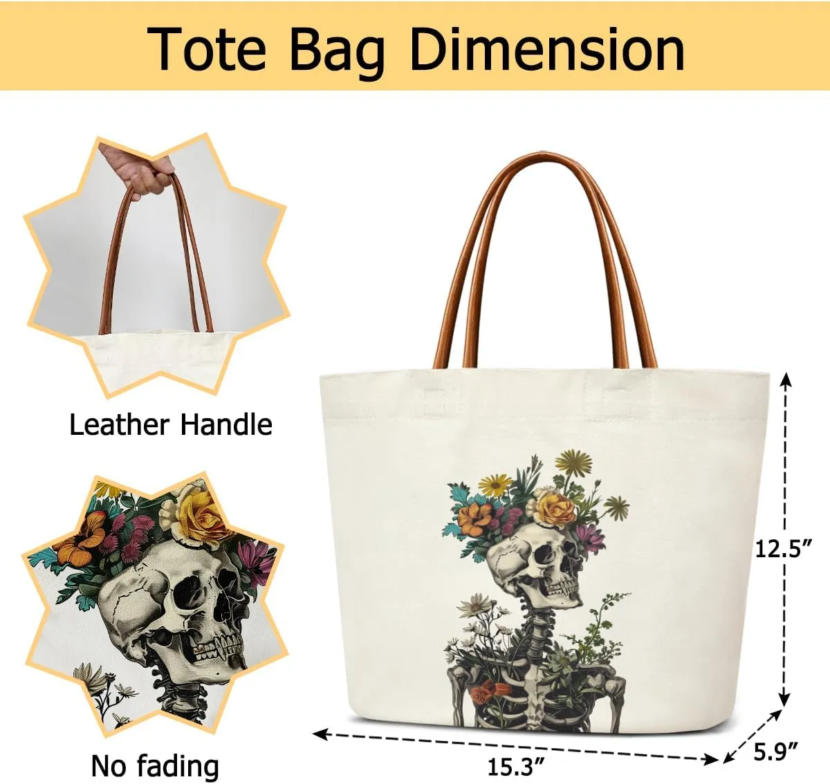 Canvas Tote Bag For Women, Skull Travel Tote Bags For Work, Beach, Gym, Shopping, Handbag Birthday Gifts for Women, Mom, Teacher, Friends -07