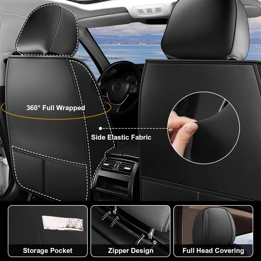 Car Seat Covers Fit for Hyundai Kona 2018-2025 Airbag Compatible 360° Full Wrapped Set Covers Premium Nappa Leather Storage Pocket Zipper Design, Black, Full Set
