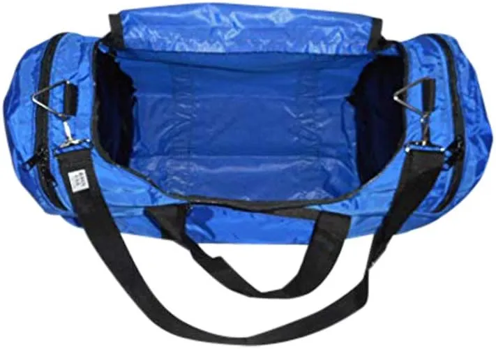 Carry on size weekend bag, Main compartment and two end pockets, Made in USA. (Blue)