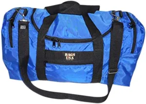 Carry on size weekend bag, Main compartment and two end pockets, Made in USA. (Blue)