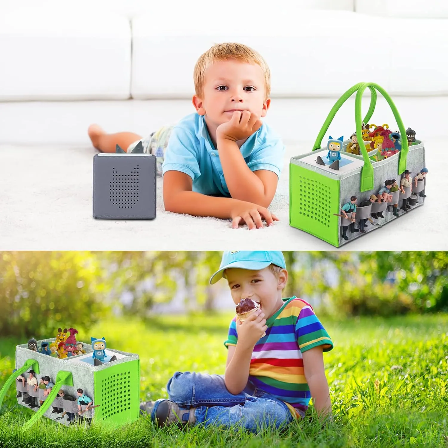 Carrying Bag Case for Toniebox Starter Set and Tonies Figurines, Home Outdoor Hand Storage Travel Felt Bag for Toniebox Accessories Protective Cover Organiser (Gray Green)