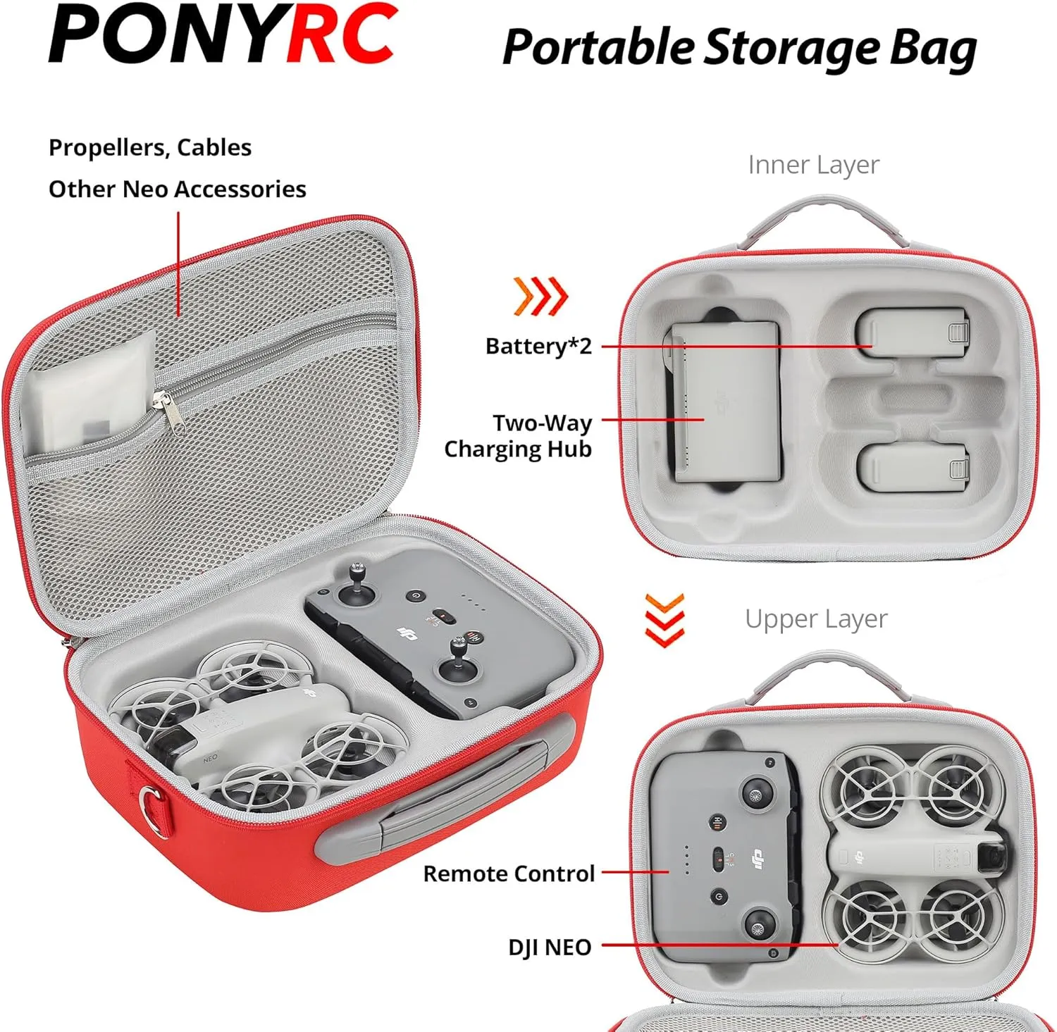 Carrying Case for DJI Neo Combo, Portable Storage Bag Travel Case for DJI Neo Combo, Compatible with RC-N3/N2 Remote Controller, Neo Battery, Charging Hub and other Accessories, Red