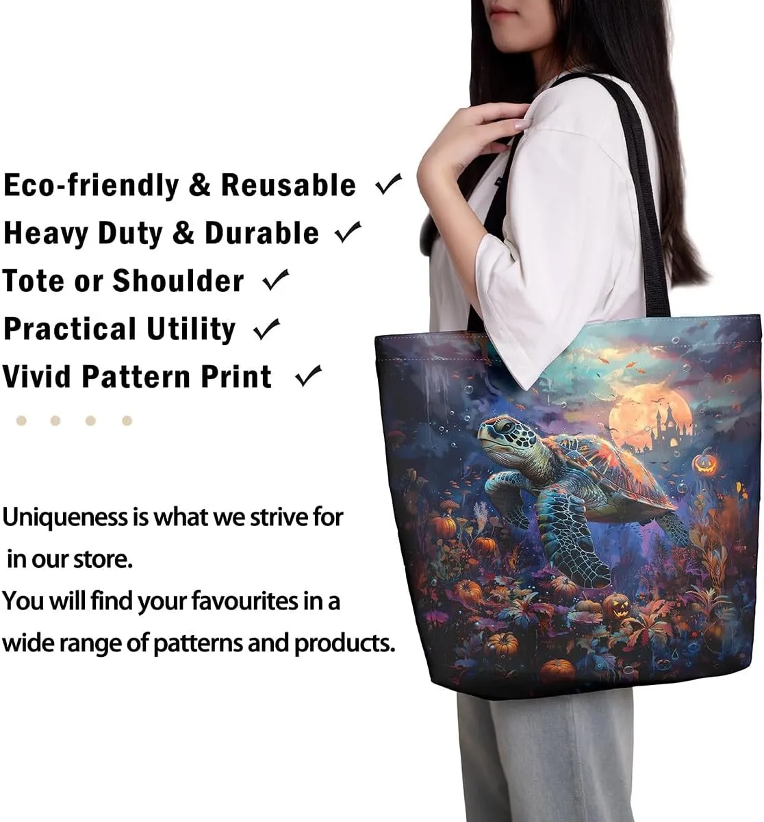 Cartoon Ghost Canvas Tote Bag,Halloween Trick or Treat Travel Beach Bag,Mushroom Pumpkin Grocery Bag for Shopping Gym