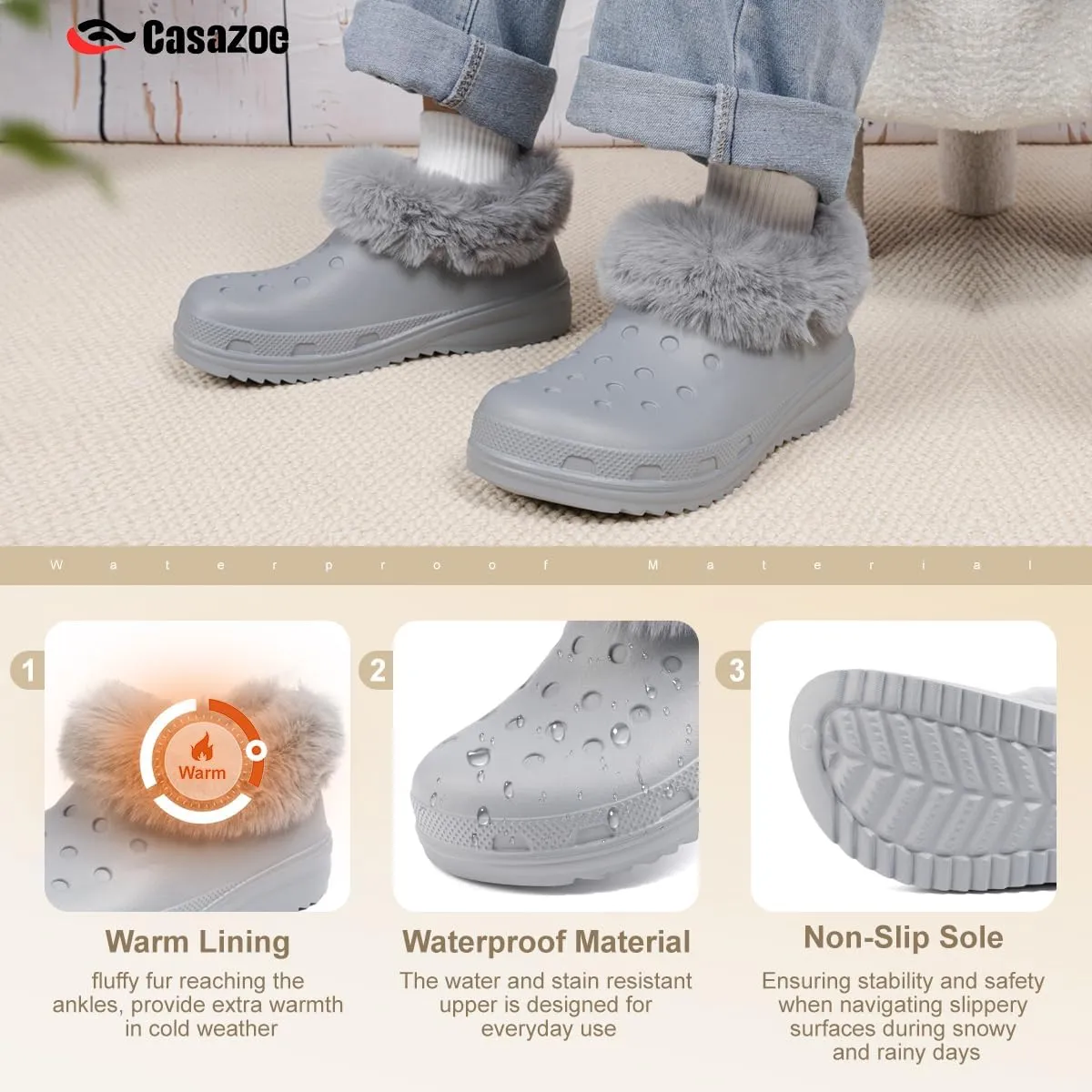 Casazoe Unisex-Adult Lined Clogs Women Men Waterproof Winter Warm Fuzzy Slippers Fleece Lining House Slippers Lightweight Outdoor Indoor Home Shoes