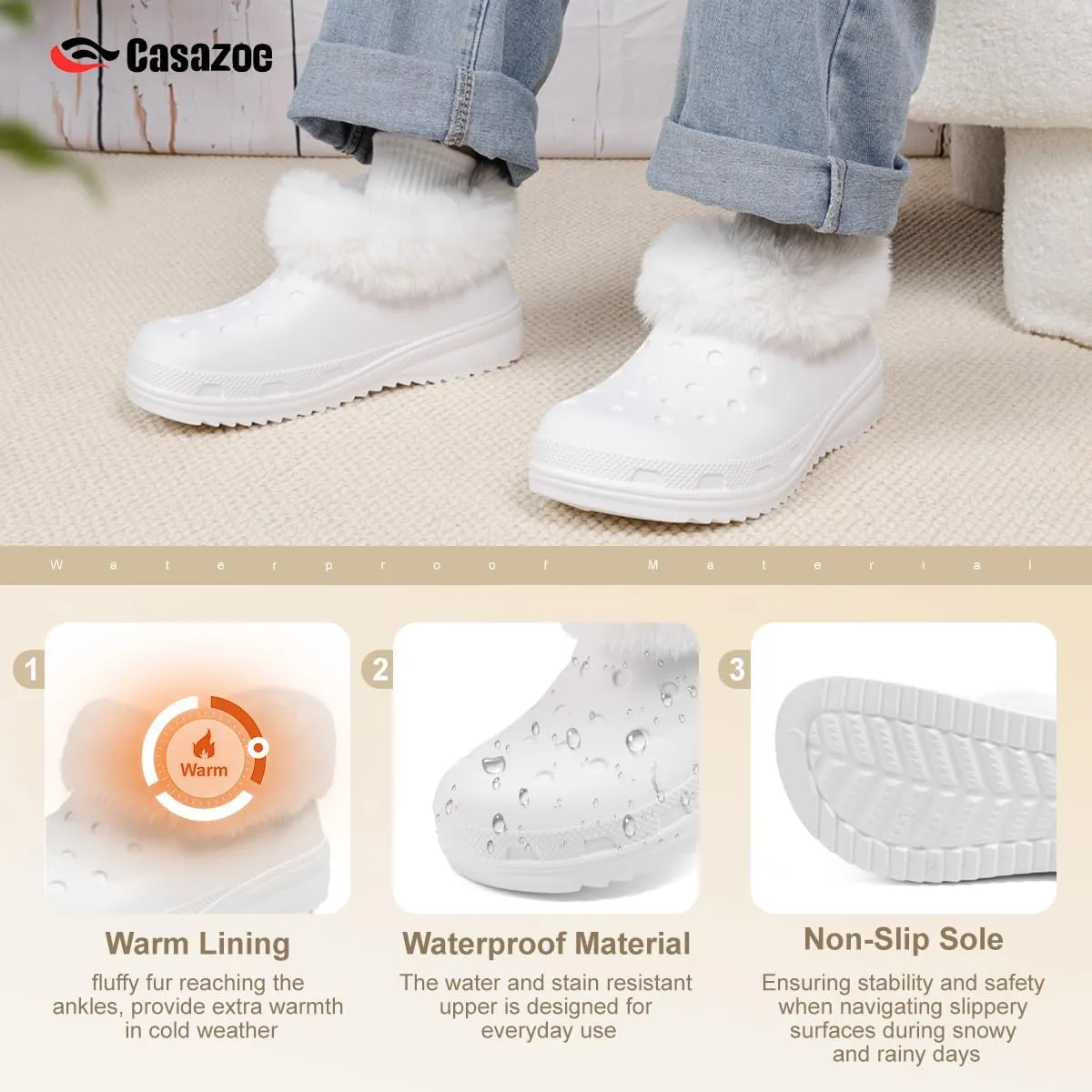 Casazoe Unisex-Adult Lined Clogs Women Men Waterproof Winter Warm Fuzzy Slippers Fleece Lining House Slippers Lightweight Outdoor Indoor Home Shoes