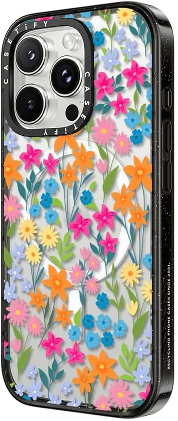 CASETiFY Impact Case for iPhone 16 Pro Max [Slim / 8.2 ft. 4X Military Grade Drop Protection/Compatible with Magsafe] - Bright Spring Flowers - Clear Black