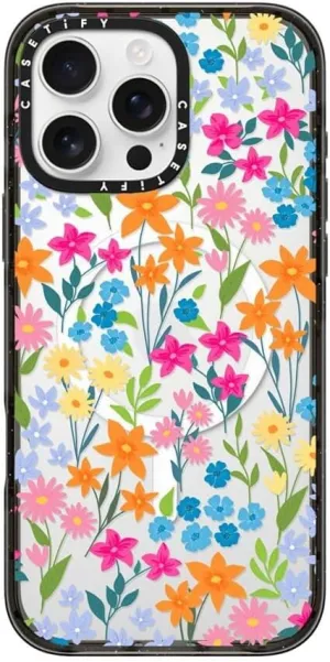 CASETiFY Impact Case for iPhone 16 Pro Max [Slim / 8.2 ft. 4X Military Grade Drop Protection/Compatible with Magsafe] - Bright Spring Flowers - Clear Black