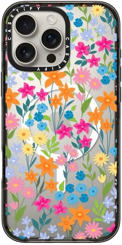 CASETiFY Impact Case for iPhone 16 Pro Max [Slim / 8.2 ft. 4X Military Grade Drop Protection/Compatible with Magsafe] - Bright Spring Flowers - Clear Black