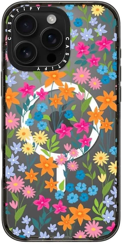 CASETiFY Impact Case for iPhone 16 Pro Max [Slim / 8.2 ft. 4X Military Grade Drop Protection/Compatible with Magsafe] - Bright Spring Flowers - Clear Black