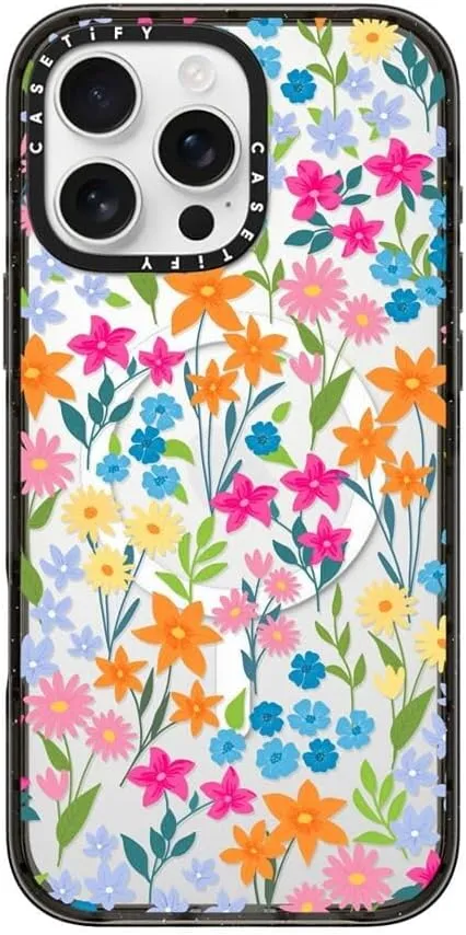 CASETiFY Impact Case for iPhone 16 Pro Max [Slim / 8.2 ft. 4X Military Grade Drop Protection/Compatible with Magsafe] - Bright Spring Flowers - Clear Black
