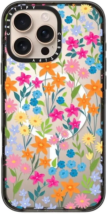 CASETiFY Impact Case for iPhone 16 Pro Max [Slim / 8.2 ft. 4X Military Grade Drop Protection/Compatible with Magsafe] - Bright Spring Flowers - Clear Black
