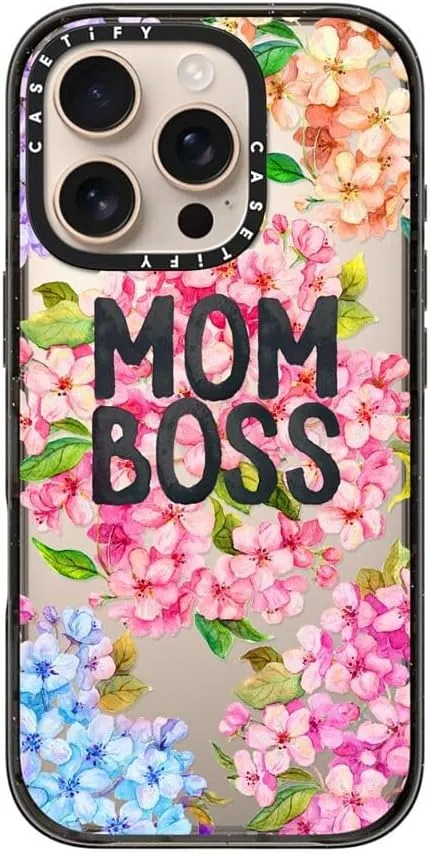 CASETiFY Impact Case for iPhone 16 Pro [Slim / 8.2 ft. 4X Military Grade Drop Protection/Wireless Charging Compatible] - MOM BOSS - Clear Black