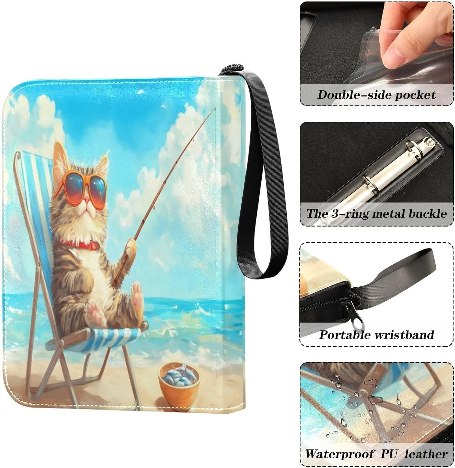 Cat Beach Fishing Card Collecting Binder, 4 Pocket Trading Card Binder Fits 400 Cards for Sports Cards, Game Cards