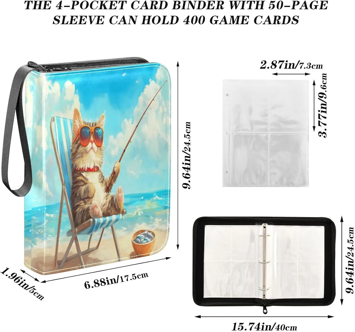 Cat Beach Fishing Card Collecting Binder, 4 Pocket Trading Card Binder Fits 400 Cards for Sports Cards, Game Cards