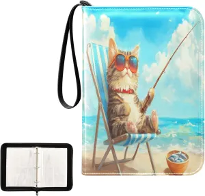 Cat Beach Fishing Card Collecting Binder, 4 Pocket Trading Card Binder Fits 400 Cards for Sports Cards, Game Cards
