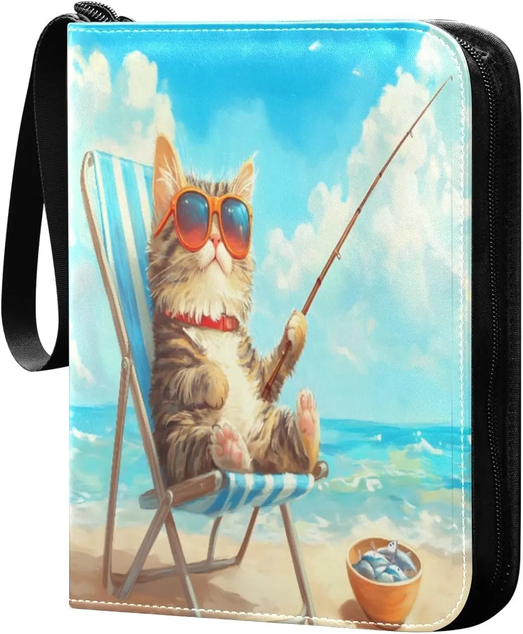Cat Beach Fishing Card Collecting Binder, 4 Pocket Trading Card Binder Fits 400 Cards for Sports Cards, Game Cards