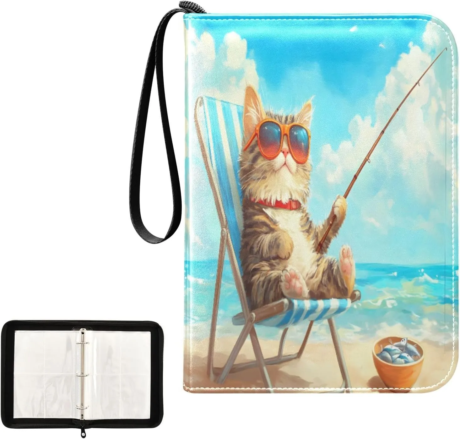 Cat Beach Fishing Card Collecting Binder, 4 Pocket Trading Card Binder Fits 400 Cards for Sports Cards, Game Cards