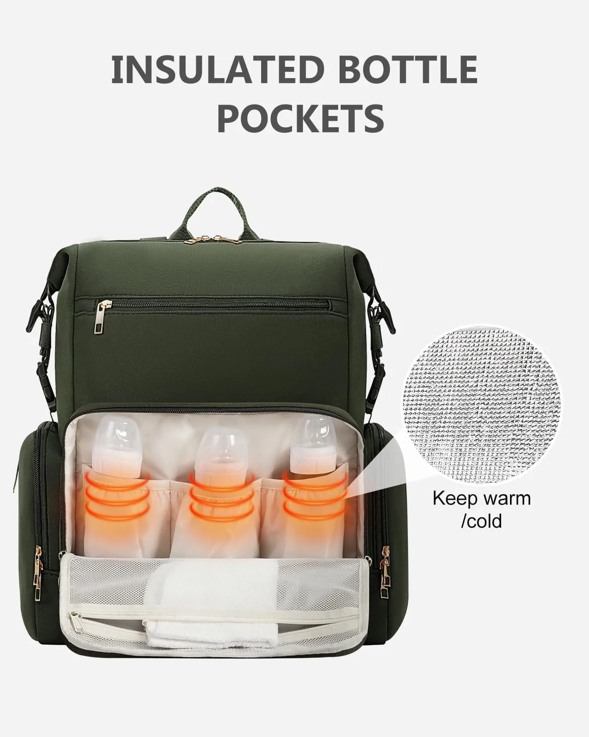 CEI-CEI Neoprene Diaper Bag Backpack with Insulated Pockets, Large Newborn Baby Maternity Bags Travel Tote with Changing Pad Mother‘s Day Gift (Army Green)