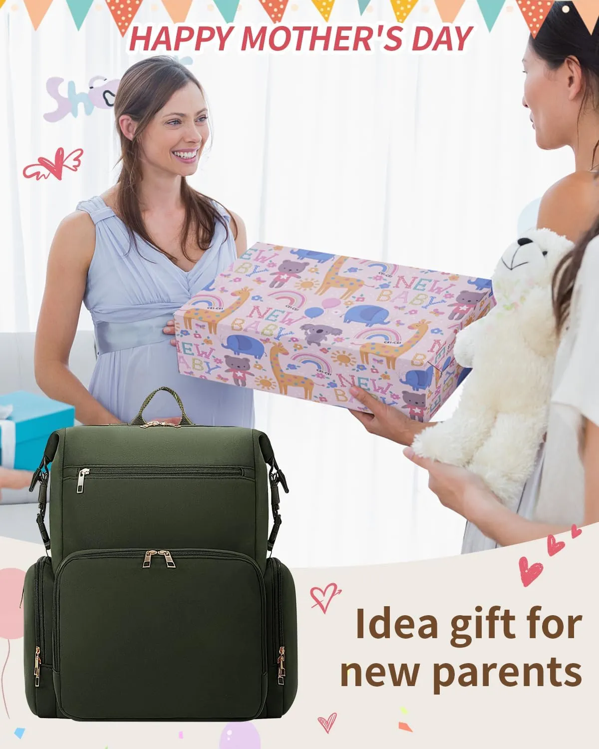 CEI-CEI Neoprene Diaper Bag Backpack with Insulated Pockets, Large Newborn Baby Maternity Bags Travel Tote with Changing Pad Mother‘s Day Gift (Army Green)