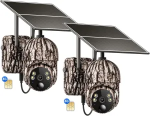 Cellular Trail Cameras 3rd- 4G LTE SIM Card, Support Unlimited Data Plan, 2K Live Streaming, 360° Rotating Viewing, Motion Activated, Remote Access, Solar Powered Game/Deer Camera (2 Pack)