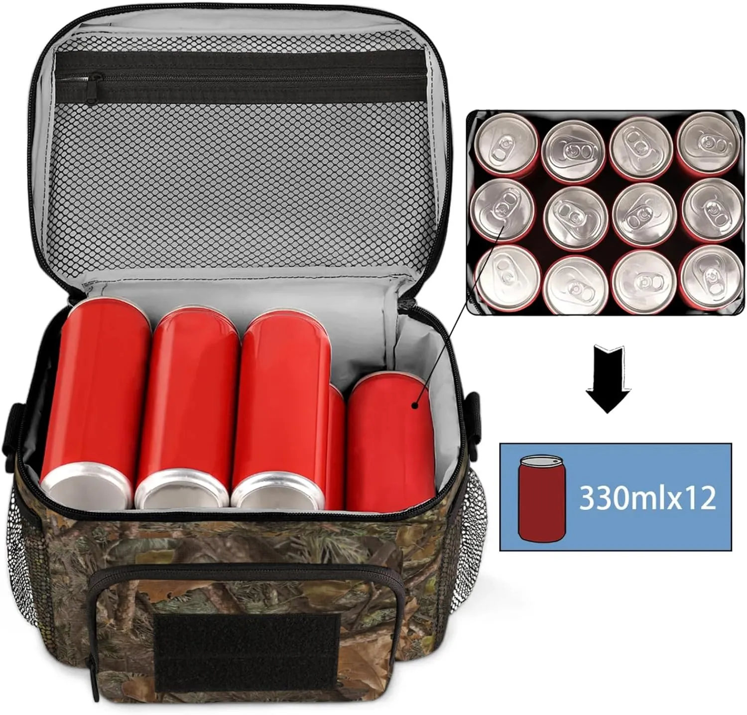 cfpolar Tactical Lunch Box for Men, Forest Camouflage Branches Insulated Lunch Bag Adult, Small Lunch Pail Leakproof Waterproof Cooler Bag, for Work Outdoor Beach Camping Travel, 12 Cans/7