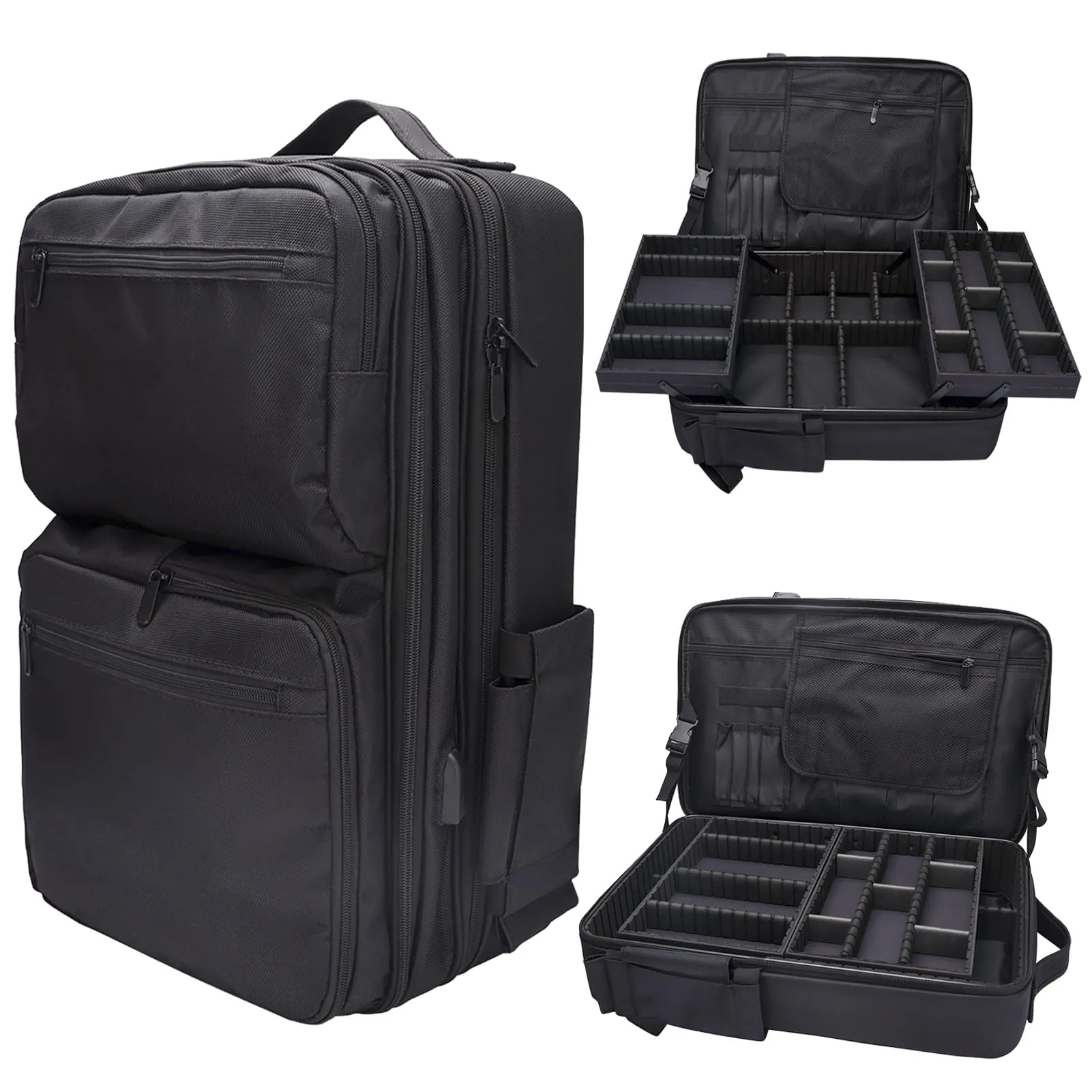 CGBARBER Large Makeup Backpack, Professional Barber Travel Backpack Sliding Trays with Adjustable Dividers Cosmetic Storage Organizer (Black)