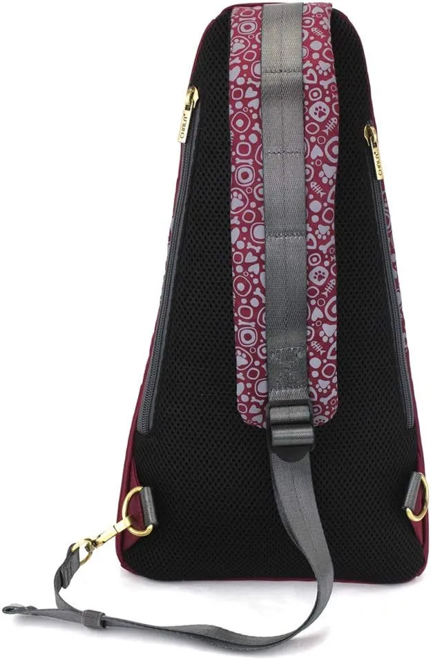 CHALA CV-Escape Sling Backpack - Women Nylon RFID Crossbody Sling Bag - Pawprint - burgundy