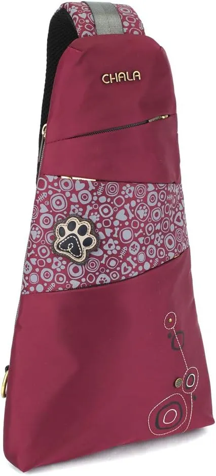 CHALA CV-Escape Sling Backpack - Women Nylon RFID Crossbody Sling Bag - Pawprint - burgundy
