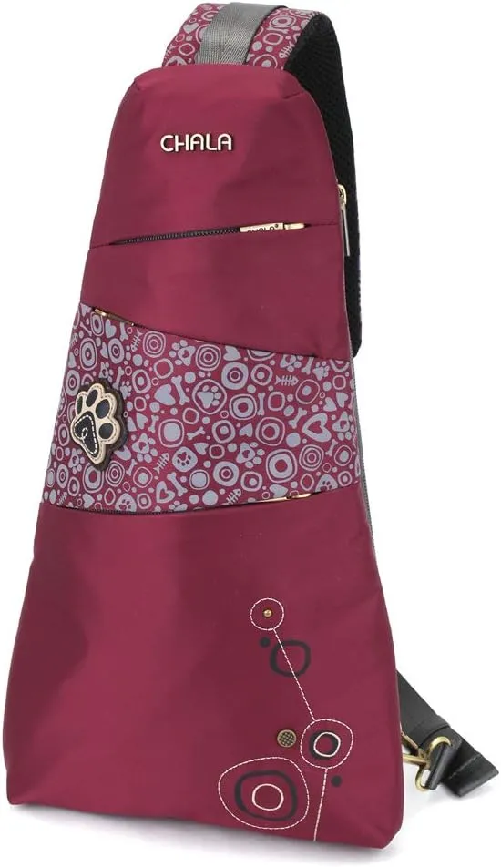 CHALA CV-Escape Sling Backpack - Women Nylon RFID Crossbody Sling Bag - Pawprint - burgundy