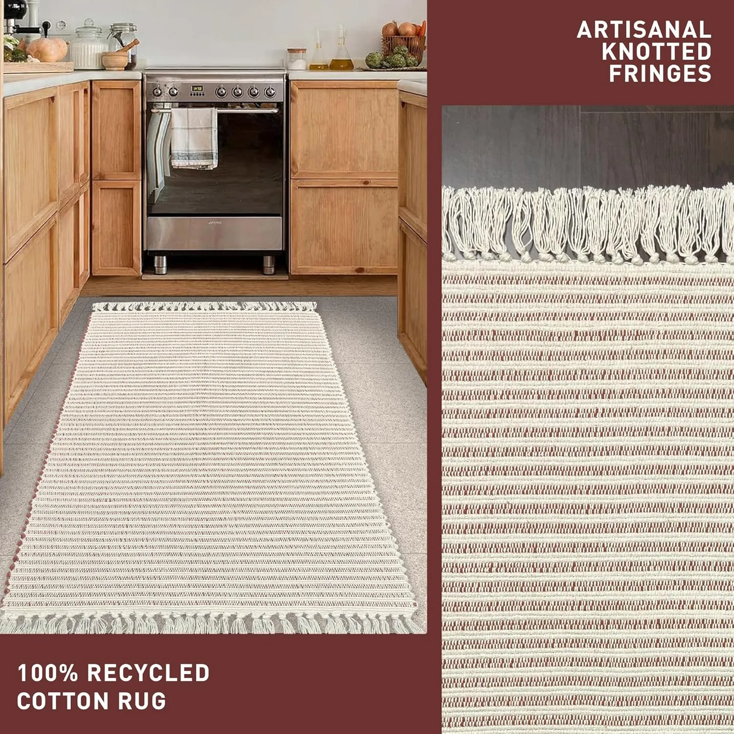 Chardin Home Rust & Ivory Providence Throw - 2x6 Feet | Hand Woven Farmhouse Rug | Great in Kitchens, Entryways, Bathrooms & Meditation Spaces | Machine Washable & Reversible Cotton Rug