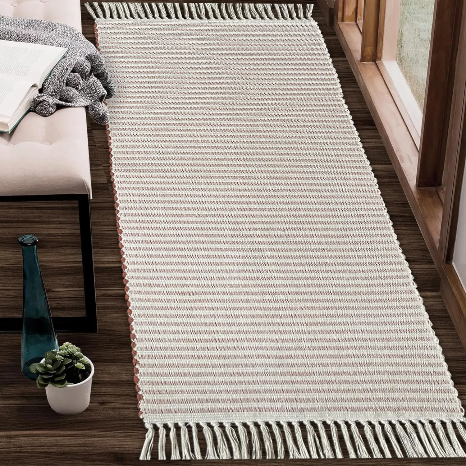 Chardin Home Rust & Ivory Providence Throw - 2x6 Feet | Hand Woven Farmhouse Rug | Great in Kitchens, Entryways, Bathrooms & Meditation Spaces | Machine Washable & Reversible Cotton Rug