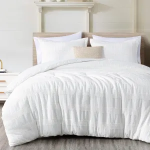Chezmoi Collection 4-Piece Clip Jacquard Cotton Comforter Set King, Boho Chic Textured Tufted Basketweave Striped Bedding with Textured Woven Pillow Cushion, White