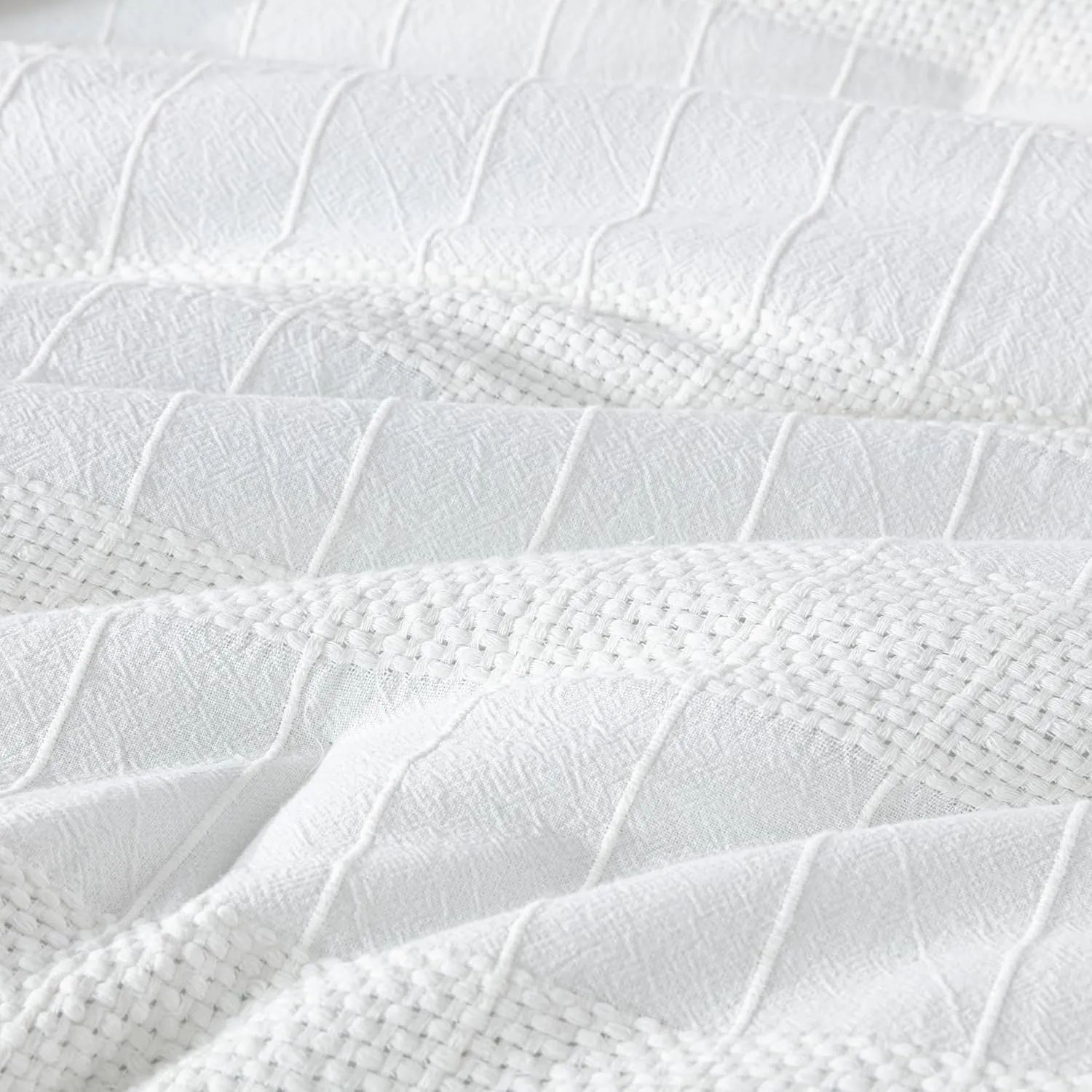 Chezmoi Collection 4-Piece Clip Jacquard Cotton Comforter Set King, Boho Chic Textured Tufted Basketweave Striped Bedding with Textured Woven Pillow Cushion, White