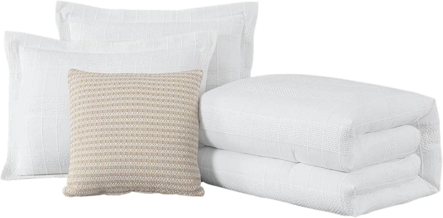 Chezmoi Collection 4-Piece Clip Jacquard Cotton Comforter Set King, Boho Chic Textured Tufted Basketweave Striped Bedding with Textured Woven Pillow Cushion, White