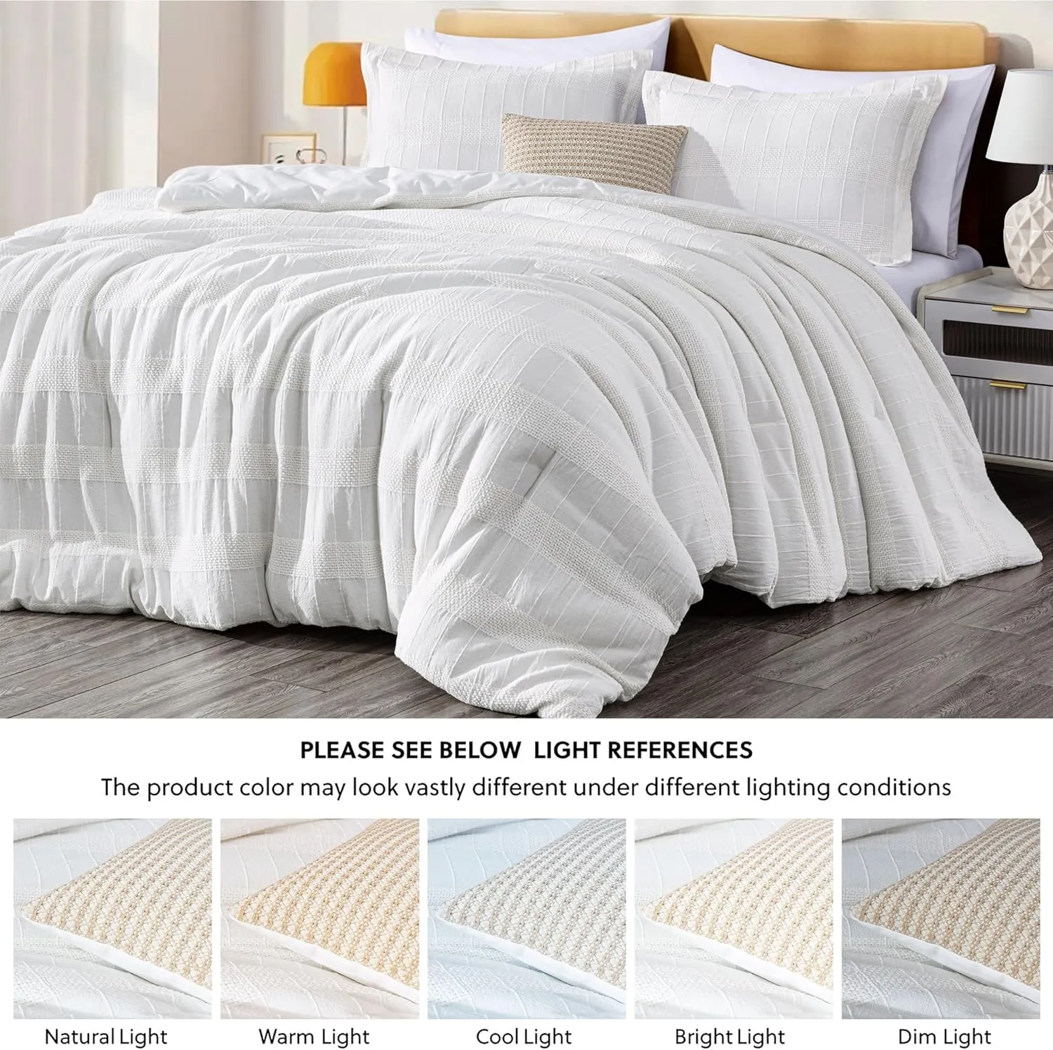 Chezmoi Collection 4-Piece Clip Jacquard Cotton Comforter Set King, Boho Chic Textured Tufted Basketweave Striped Bedding with Textured Woven Pillow Cushion, White
