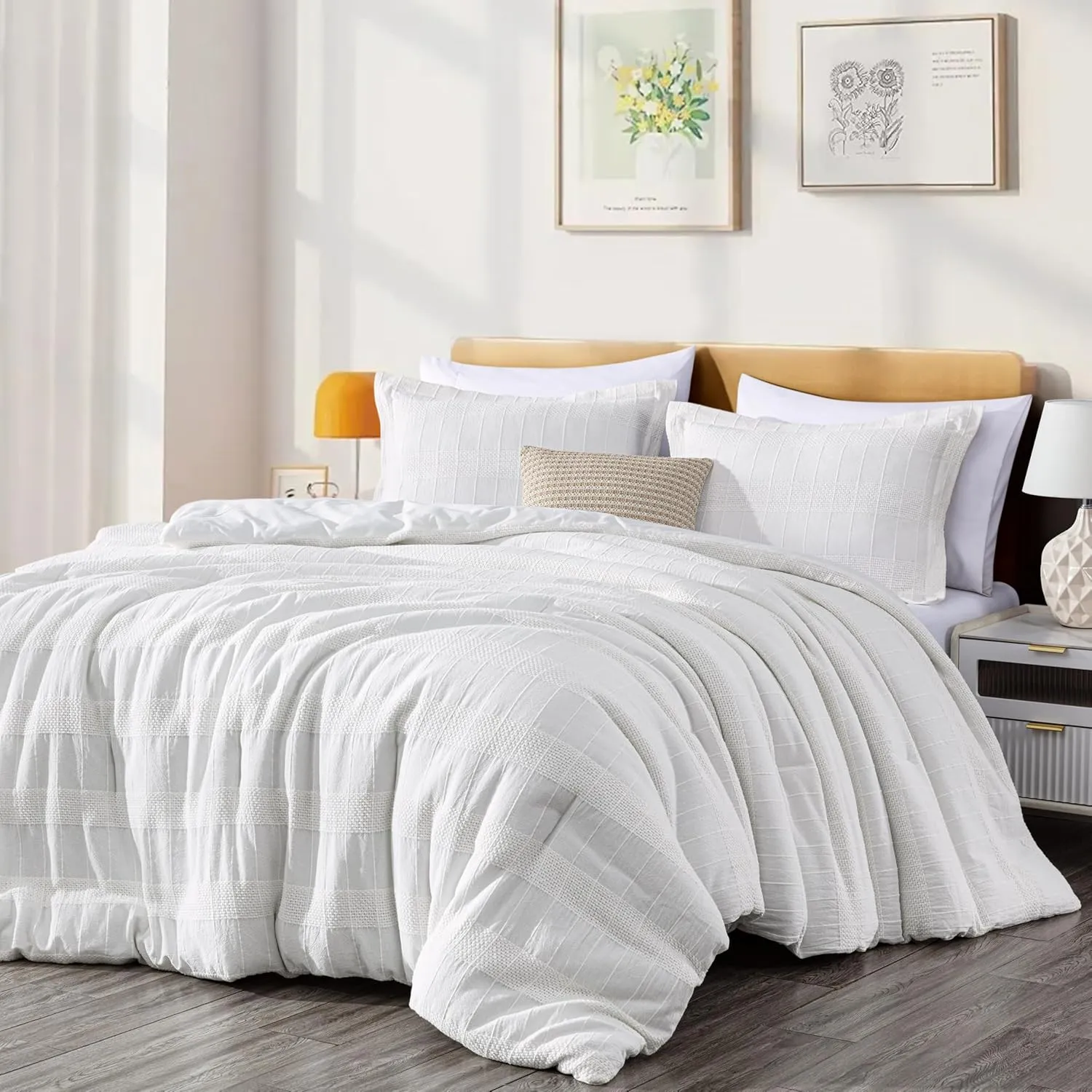 Chezmoi Collection 4-Piece Clip Jacquard Cotton Comforter Set King, Boho Chic Textured Tufted Basketweave Striped Bedding with Textured Woven Pillow Cushion, White