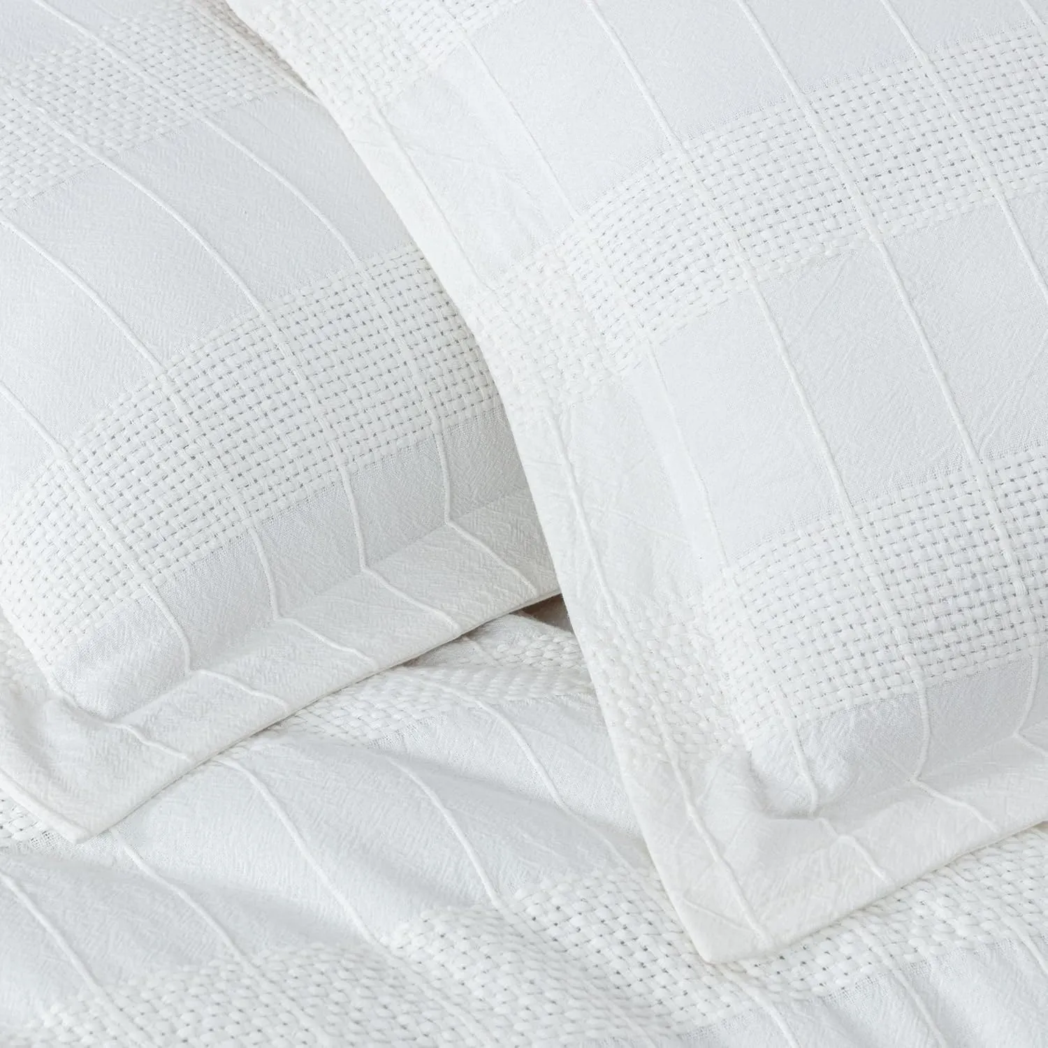 Chezmoi Collection 4-Piece Clip Jacquard Cotton Comforter Set King, Boho Chic Textured Tufted Basketweave Striped Bedding with Textured Woven Pillow Cushion, White